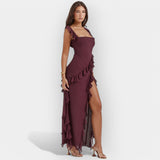 Φόρεμα με Σκίσιμο και Ρυθμισμένα Βολάν