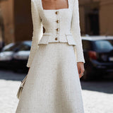 Λευκό Σακάκι από Τούλι με Τετράγωνη Λαιμόκοψη & Σετ Φούστας A-Line