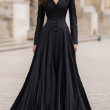 Κομψό Ραμμένο Μακρύ Φόρεμα με Μακριά Μανίκια