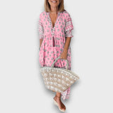 Αέρινο Φόρεμα Boho με Μανίκια 3/4 και Λαιμόκοψη με Κορδόνια