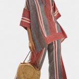 Σαλοπέτα Oversize Daisy σε Λινό με Ριγέ Κόκκινα Κοραλλί και Γκρι, Μοντέρνα και Άνετη Στιλ