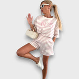 Ριγέ Σετ Μπλούζα και Σορτς με Στάμπα