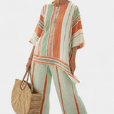 Εlegante Σετ από Λινό Μπαμπού με Ρίγες και Ασύμμετρη Μπλούζα και Φαρδιά Παντελόνια για Ένα Εκλεπτυσμένο Στυλ