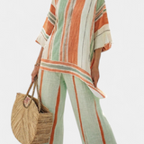 Εlegante Σετ από Λινό Μπαμπού με Ρίγες και Ασύμμετρη Μπλούζα και Φαρδιά Παντελόνια για Ένα Εκλεπτυσμένο Στυλ