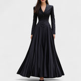 Κομψό Ραμμένο Μακρύ Φόρεμα με Μακριά Μανίκια