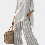 Σύνολο Daisy με Ασύμμετρη Μπλούζα και Ριγέ Παντελόνι για Μοντέρνο και Κομψό Στυλ