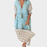 Boho Φόρεμα με Άνετη Γραμμή και Φουσκωτά Μανίκια