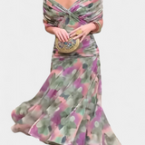 Μακρύ Λουλουδάτο Φόρεμα με V Ντεκολτέ και Ρομαντική Φινέτσα