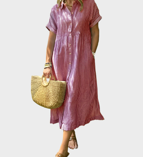 Ριγέ Πουκάμισο Φόρεμα με Πτερύγια, Κουμπιά και Λειτουργικές Τσέπες