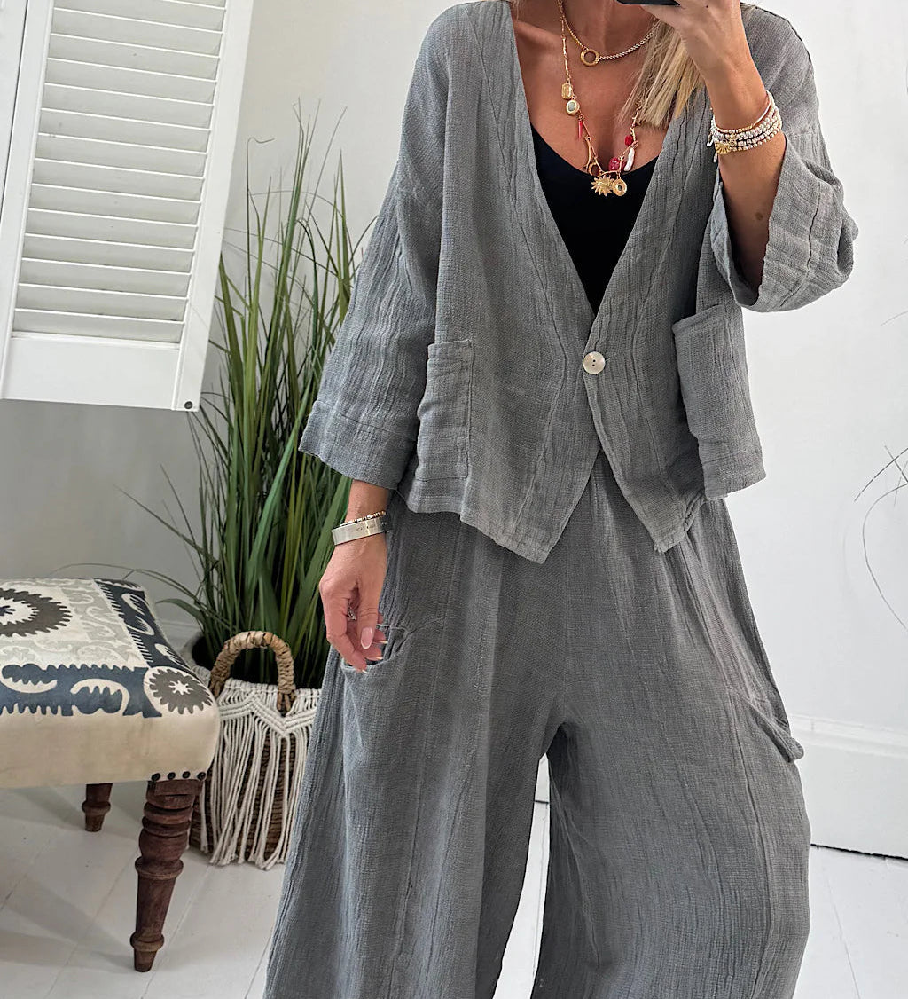 Σοφία | Αέρινο Λευκό Λινό Σετ με Ζακέτα & Παντελόνα