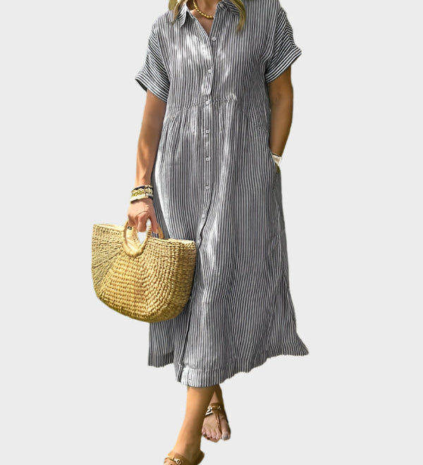 Ριγέ Πουκάμισο Φόρεμα με Πτερύγια, Κουμπιά και Λειτουργικές Τσέπες