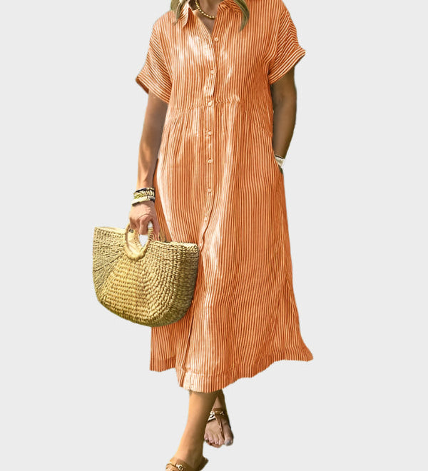 Ριγέ Πουκάμισο Φόρεμα με Πτερύγια, Κουμπιά και Λειτουργικές Τσέπες