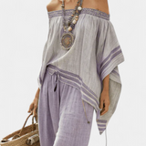 Σαλονάκι από μπαμπού με ρίγες, με ανοιχτούς ώμους και φαρδιά παντελόνια για ένα κομψό και φρέσκο στυλ