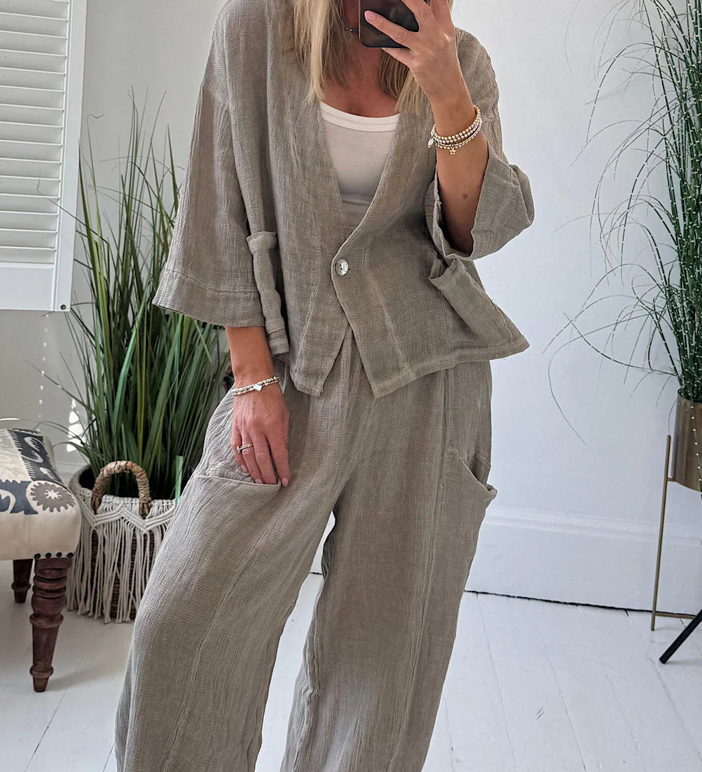 Σοφία | Αέρινο Λευκό Λινό Σετ με Ζακέτα & Παντελόνα