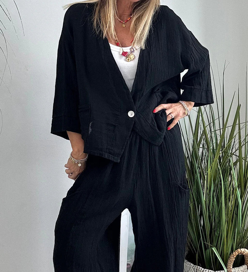 Σοφία | Αέρινο Λευκό Λινό Σετ με Ζακέτα & Παντελόνα