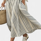 Σύνολο Casual Daisy με Oversize Μπλούζα και Midi Φούστα με Ρίγες από Λινό Μπαμπού για Ένα Κομψό και Άνετο Στυλ