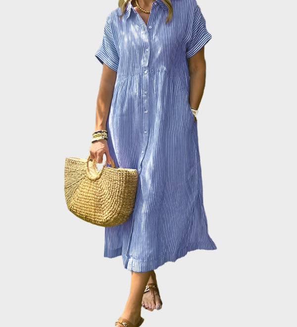 Ριγέ Πουκάμισο Φόρεμα με Πτερύγια, Κουμπιά και Λειτουργικές Τσέπες