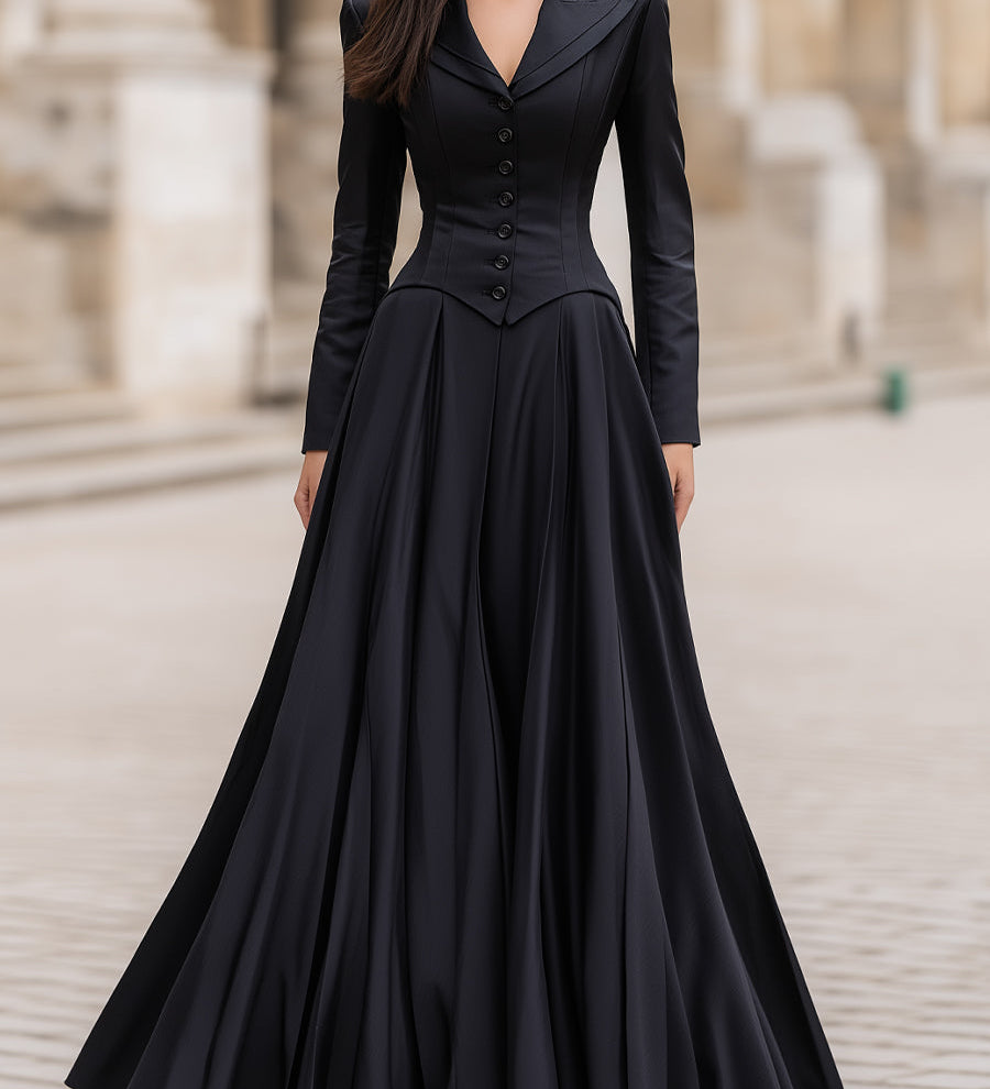 Κομψό Ραμμένο Μακρύ Φόρεμα με Μακριά Μανίκια