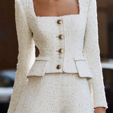 Λευκό Σακάκι από Τούλι με Τετράγωνη Λαιμόκοψη & Σετ Φούστας A-Line