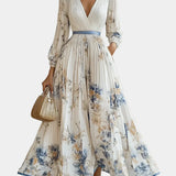 Μακρύ Φόρεμα με Φουσκωτά Μανίκια και V-Λαιμόκοψη