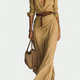 Μακρύ μάξι φόρεμα με γιακά με πέτο και ενσωματωμένη ζώνη