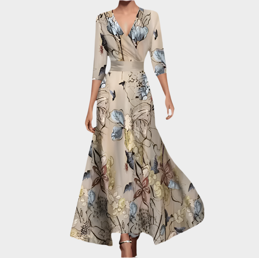 Μακρύ Φόρεμα με Λουλούδια και V-Ντεκολτέ