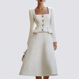 Λευκό Σακάκι από Τούλι με Τετράγωνη Λαιμόκοψη & Σετ Φούστας A-Line