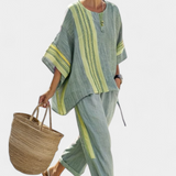 Σετ από λινό μπαμπού με μαγευτική λεβάντα και λεπτομέρειες σε κίτρινη ρίγα