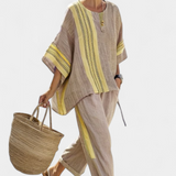 Σετ από λινό μπαμπού με μαγευτική λεβάντα και λεπτομέρειες σε κίτρινη ρίγα