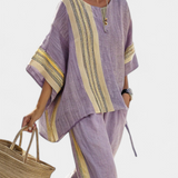 Σετ από λινό μπαμπού με μαγευτική λεβάντα και λεπτομέρειες σε κίτρινη ρίγα