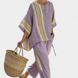 Σετ από λινό μπαμπού με μαγευτική λεβάντα και λεπτομέρειες σε κίτρινη ρίγα