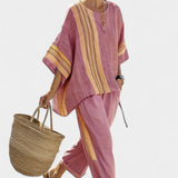 Σετ από λινό μπαμπού με μαγευτική λεβάντα και λεπτομέρειες σε κίτρινη ρίγα