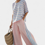 Σετ από λινό μπαμπού Daisy Μεσογειακό σε απαλό ροζ με κομψές γαλάζιες ρίγες