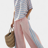 Σετ από λινό μπαμπού Daisy Μεσογειακό σε απαλό ροζ με κομψές γαλάζιες ρίγες