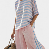 Σετ από λινό μπαμπού Daisy Μεσογειακό σε απαλό ροζ με κομψές γαλάζιες ρίγες