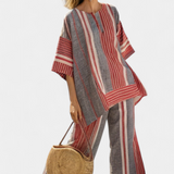 Σαλοπέτα Oversize Daisy σε Λινό με Ριγέ Κόκκινα Κοραλλί και Γκρι, Μοντέρνα και Άνετη Στιλ