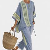 Σετ από λινό μπαμπού με μαγευτική λεβάντα και λεπτομέρειες σε κίτρινη ρίγα