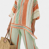 Εlegante Σετ από Λινό Μπαμπού με Ρίγες και Ασύμμετρη Μπλούζα και Φαρδιά Παντελόνια για Ένα Εκλεπτυσμένο Στυλ