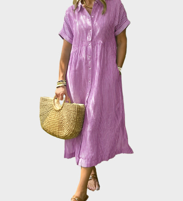 Ριγέ Πουκάμισο Φόρεμα με Πτερύγια, Κουμπιά και Λειτουργικές Τσέπες