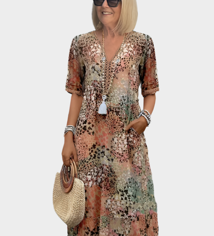 Αέρινο Φόρεμα με Καλοκαιρινό Μοτίβο και V Ντεκολτέ