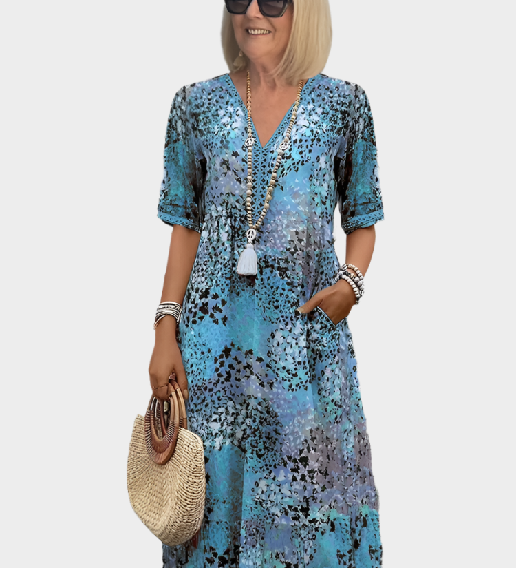 Αέρινο Φόρεμα με Καλοκαιρινό Μοτίβο και V Ντεκολτέ