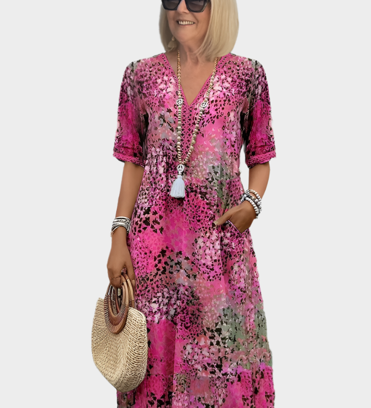 Αέρινο Φόρεμα με Καλοκαιρινό Μοτίβο και V Ντεκολτέ