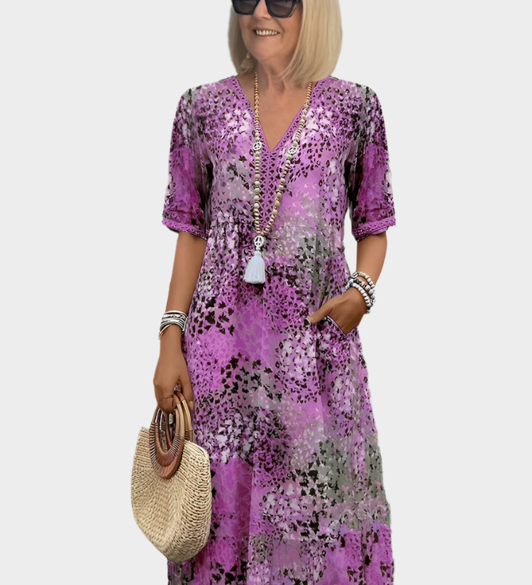 Αέρινο Φόρεμα με Καλοκαιρινό Μοτίβο και V Ντεκολτέ