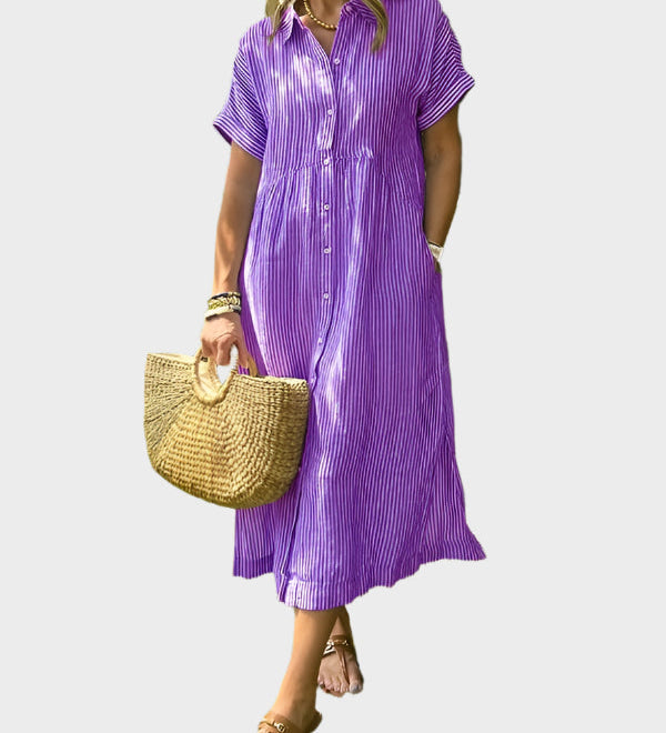 Ριγέ Πουκάμισο Φόρεμα με Πτερύγια, Κουμπιά και Λειτουργικές Τσέπες
