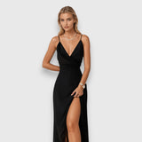 Μακρύ Σατέν Φόρεμα με Σκίσιμο και Λεπτές Τιράντες